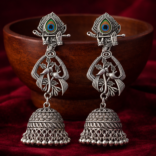 Oxidised Silver Peacock Jhumka Earrings for Women