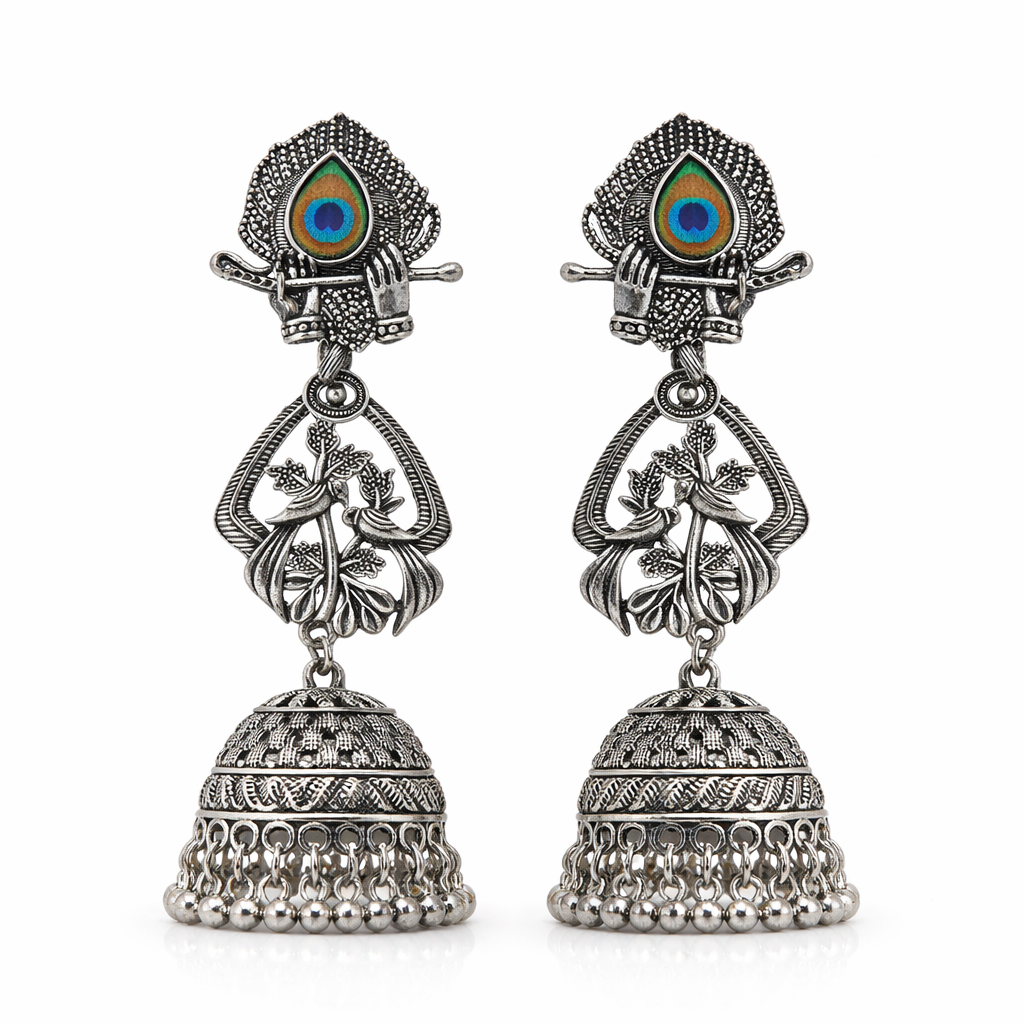 Oxidised Silver Peacock Jhumka Earrings for Women