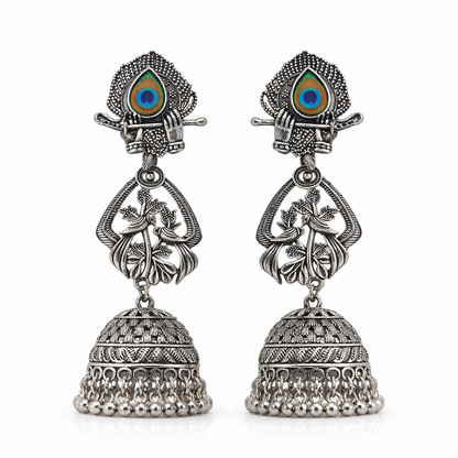 Oxidised Silver Peacock Jhumka Earrings for Women