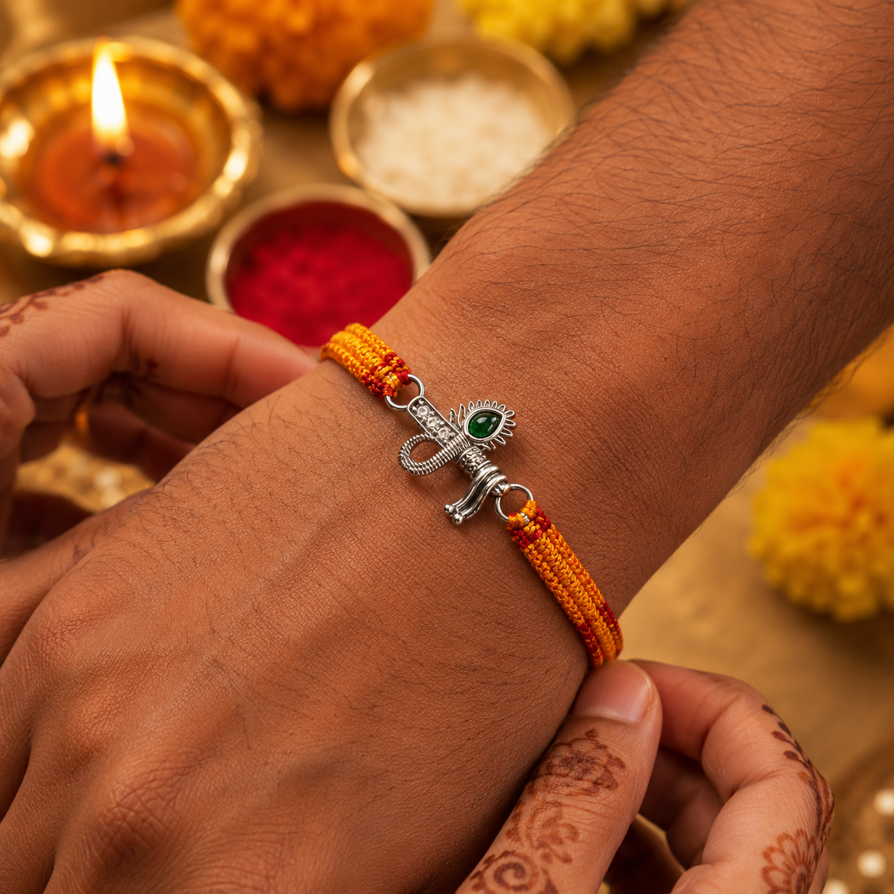Silver Trishul Damru Rakhi with Green Stone