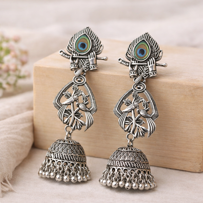 Oxidised Silver Peacock Jhumka Earrings for Women