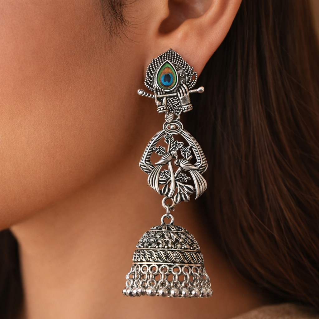 Oxidised Silver Peacock Jhumka Earrings for Women