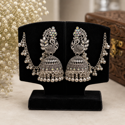Peacock Oxidised Silver Jhumka Earrings with Chain for Women