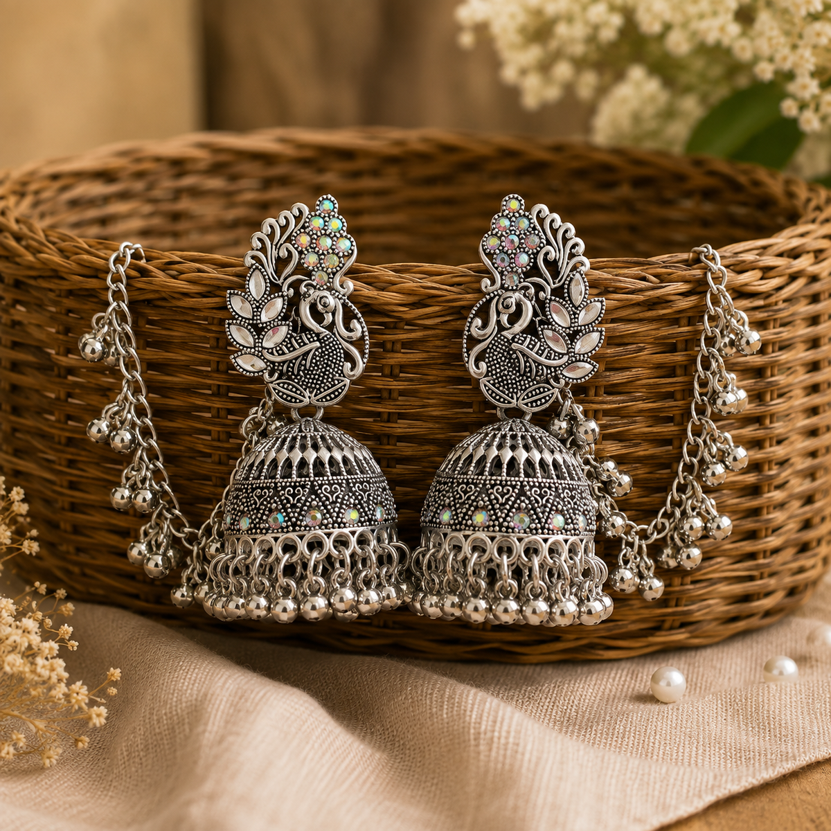 Peacock Oxidised Silver Jhumka Earrings with Chain for Women