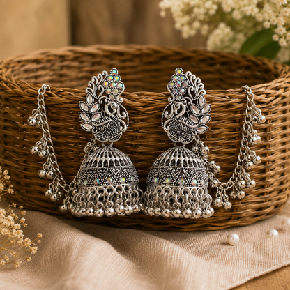 Peacock Oxidised Silver Jhumka Earrings with Chain for Women