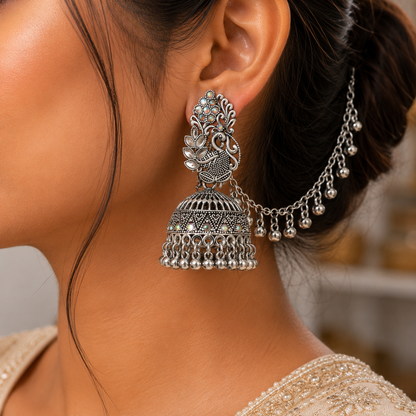 Peacock Oxidised Silver Jhumka Earrings with Chain for Women