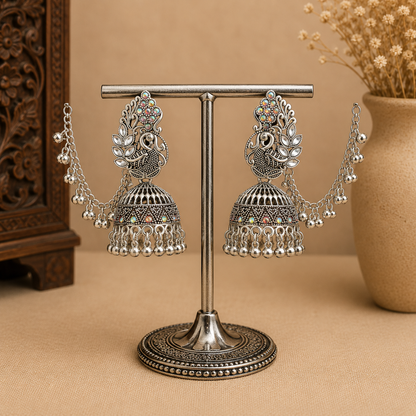 Peacock Oxidised Silver Jhumka Earrings with Chain for Women