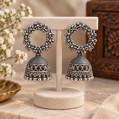 Silver Oxidised Floral Jhumka Earrings for Women | Traditional Statement Earrings