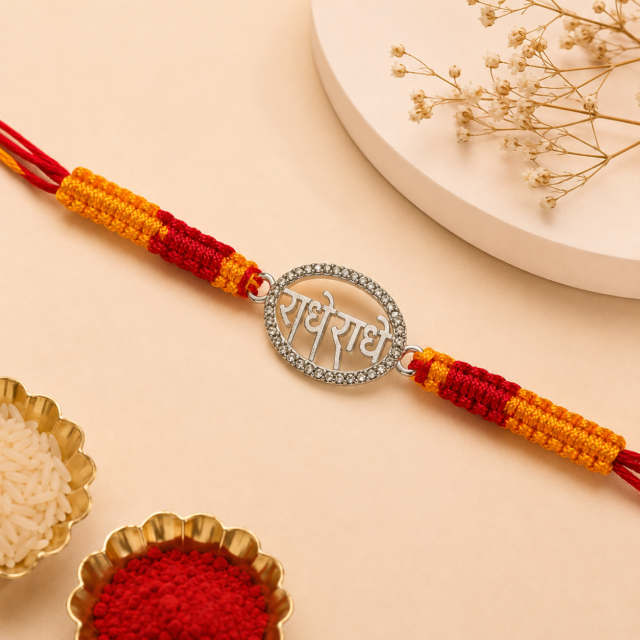 Silver Radhe Radhe Rakhi with Stone Border