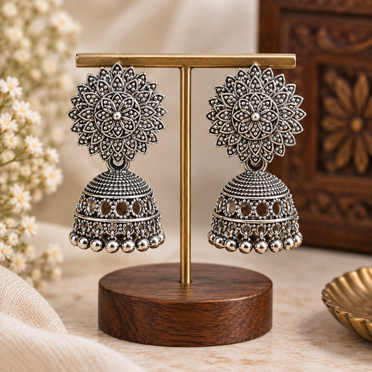 Oxidized Silver Jhumka Earrings for Women | Traditional Floral Jhumka Earrings