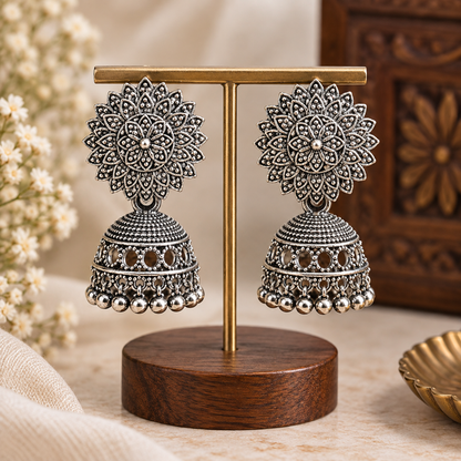 Oxidized Silver Jhumka Earrings for Women | Traditional Floral Jhumka Earrings