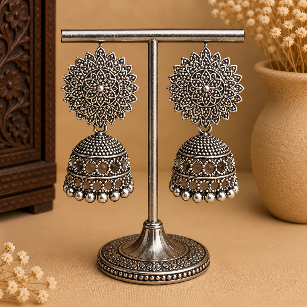 Oxidized Silver Jhumka Earrings for Women | Traditional Floral Jhumka Earrings