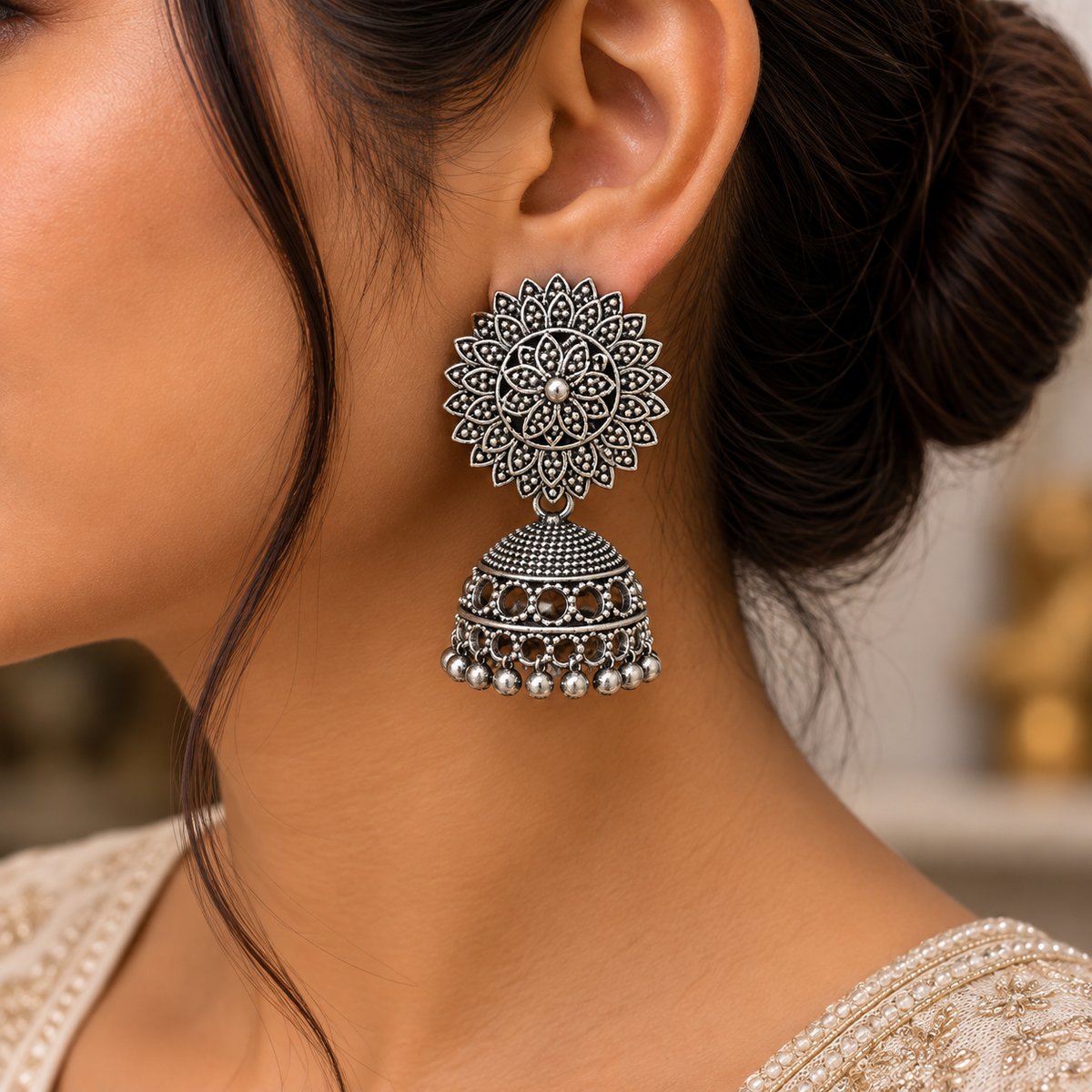 Oxidized Silver Jhumka Earrings for Women | Traditional Floral Jhumka Earrings