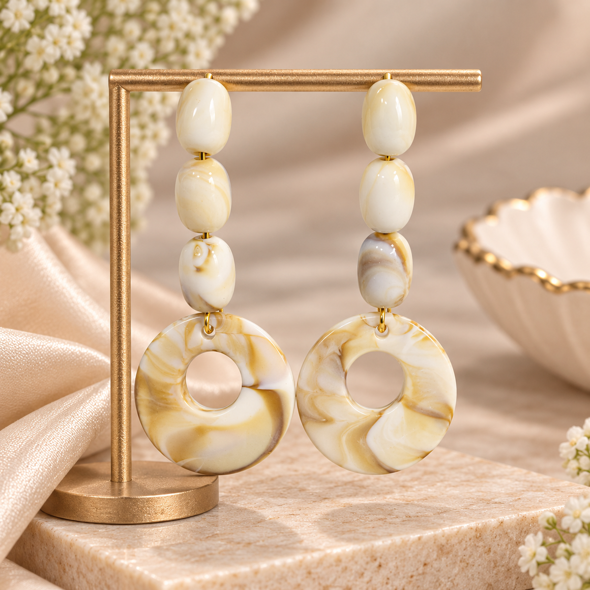 Ivory Marble Ring Drop Earrings for Women | Elegant Beaded Statement Earrings