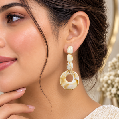 Ivory Marble Ring Drop Earrings for Women | Elegant Beaded Statement Earrings