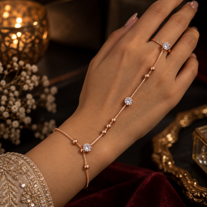 Rose Gold AD Stone Hand Bracelet Ring Combo – Stylish Bracelet with Crystal Ring