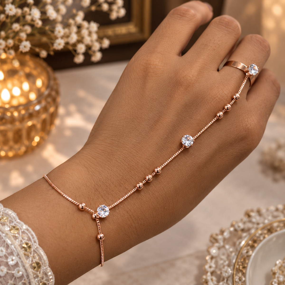 Rose Gold AD Stone Hand Bracelet Ring Combo – Stylish Bracelet with Crystal Ring