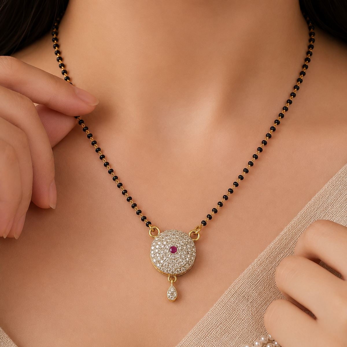 Elegant Black Beaded Ruby Stone Pendant Mangalsutra