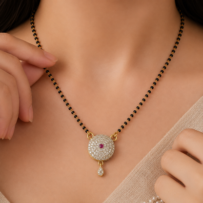 Elegant Black Beaded Ruby Stone Pendant Mangalsutra