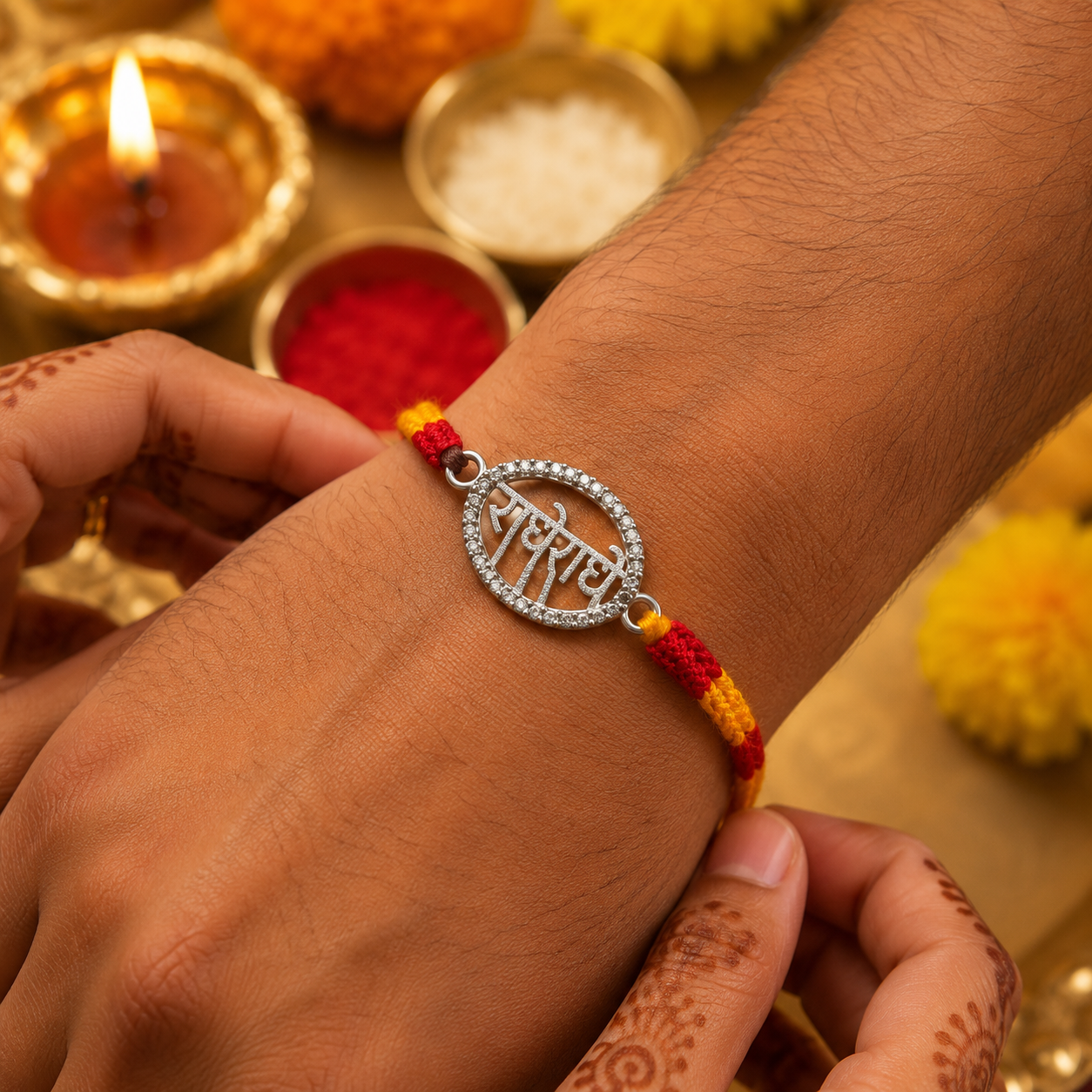 Silver Radhe Radhe Rakhi with Stone Border