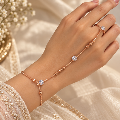 Rose Gold AD Stone Hand Bracelet Ring Combo – Stylish Bracelet with Crystal Ring