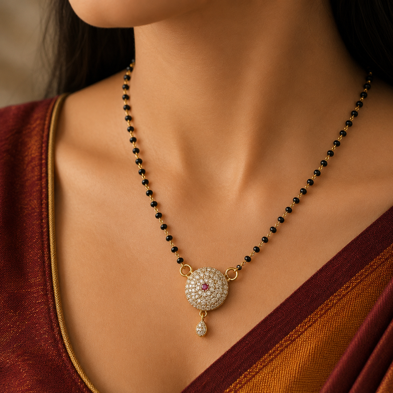 Elegant Black Beaded Ruby Stone Pendant Mangalsutra
