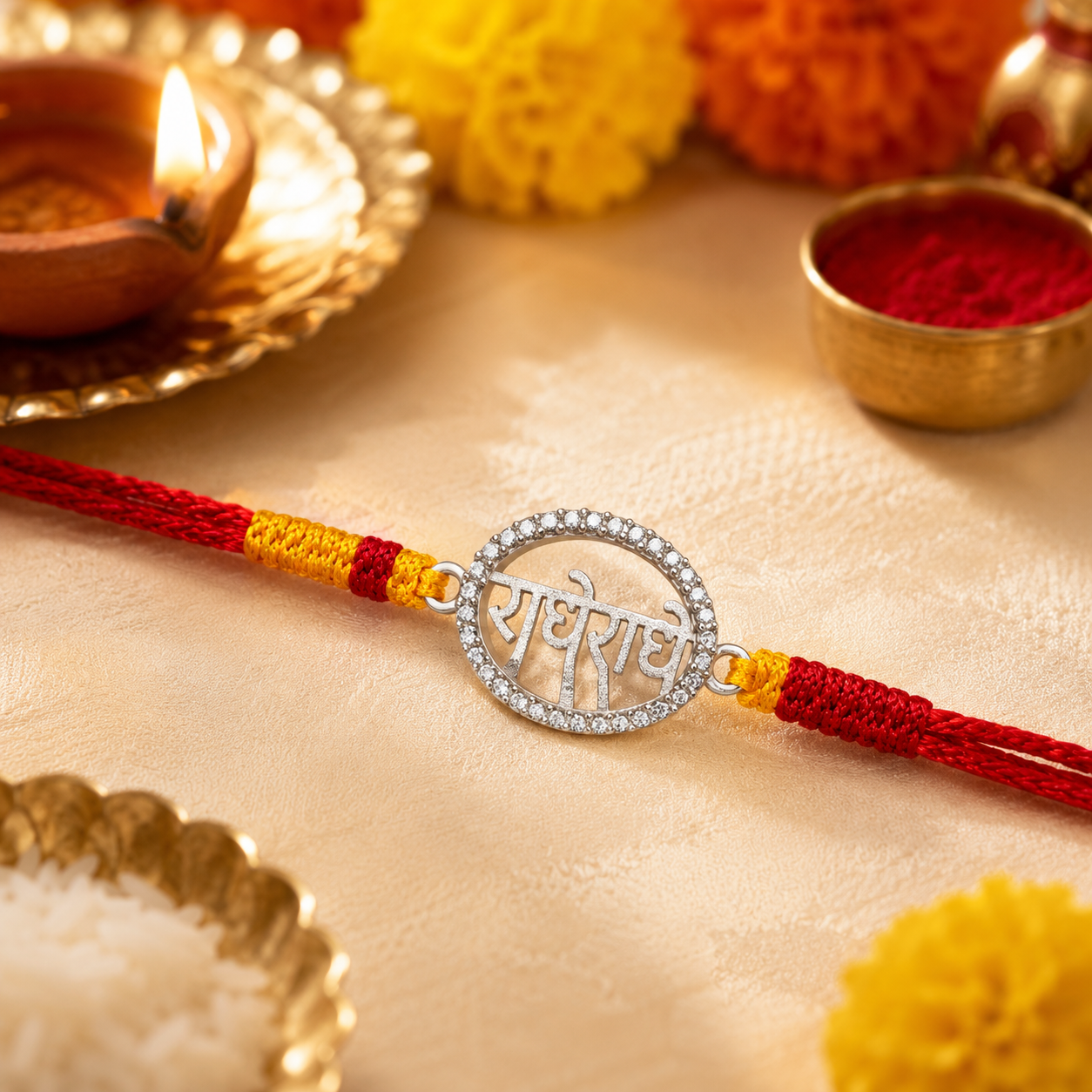 Silver Radhe Radhe Rakhi with Stone Border