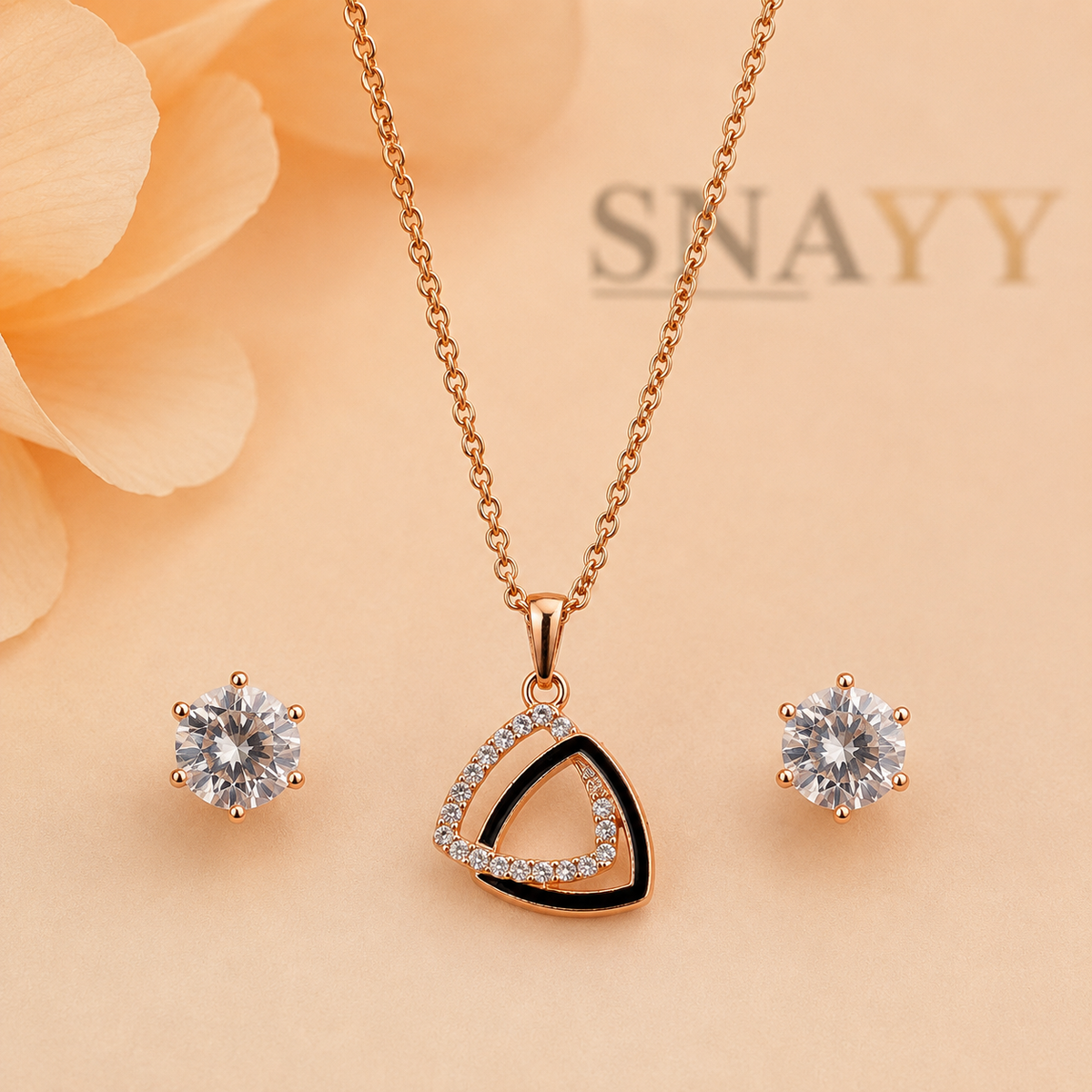 Rose Gold Black Pendant Necklace and Earrings Set for Women