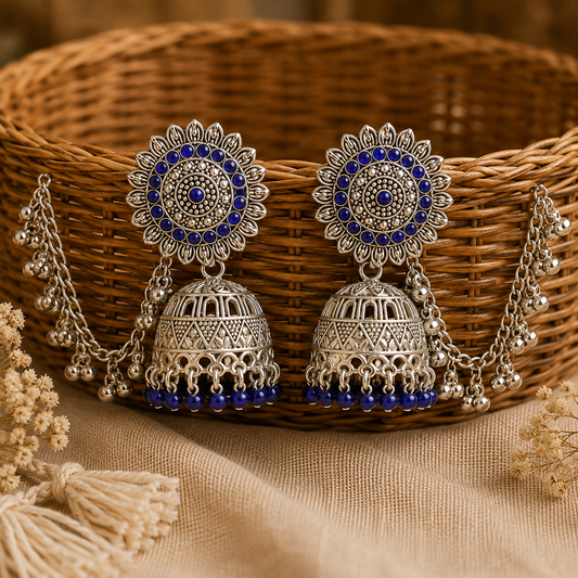 Blue Stone Oxidised Silver Jhumka Earrings with Chain for Women