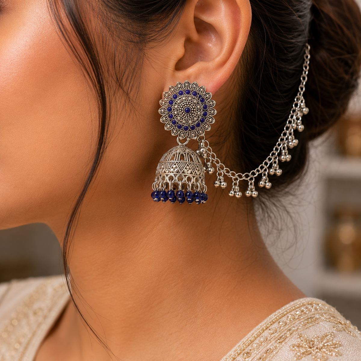 Blue Stone Oxidised Silver Jhumka Earrings with Chain for Women