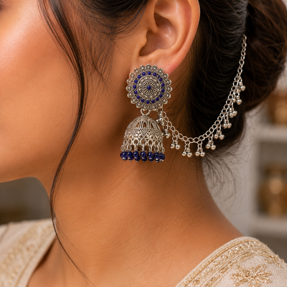 Blue Stone Oxidised Silver Jhumka Earrings with Chain for Women
