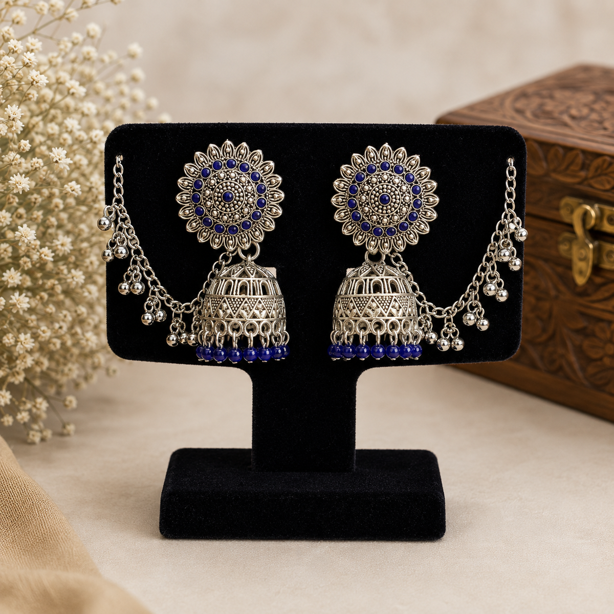 Blue Stone Oxidised Silver Jhumka Earrings with Chain for Women