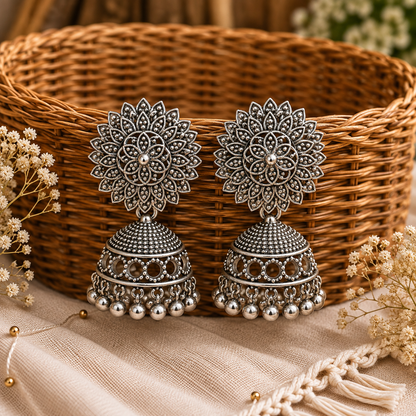 Oxidized Silver Jhumka Earrings for Women | Traditional Floral Jhumka Earrings