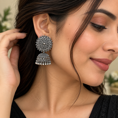 Oxidized Silver Jhumka Earrings for Women | Traditional Floral Jhumka Earrings