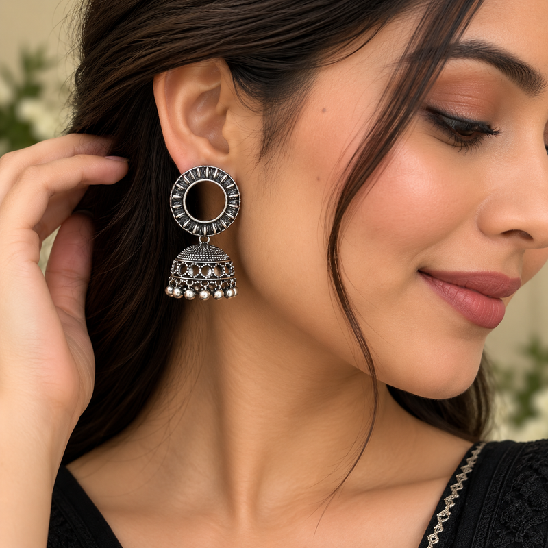 Oxidized Silver Jhumka Earrings for Women | Round Hoop Traditional Ethnic Earrings