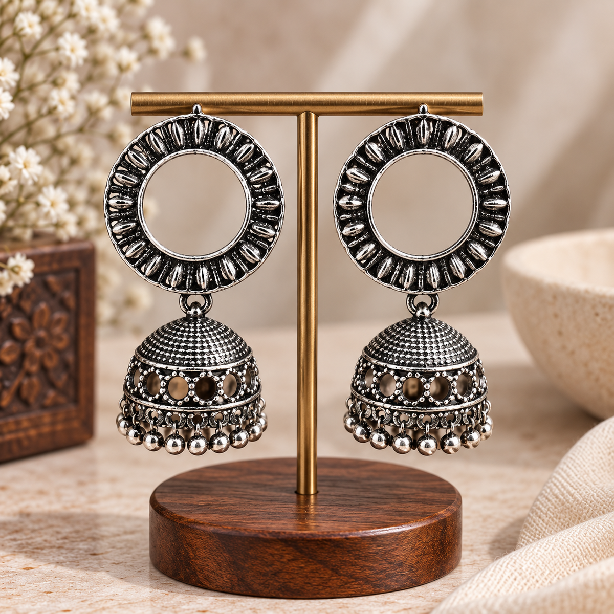 Oxidized Silver Jhumka Earrings for Women | Round Hoop Traditional Ethnic Earrings