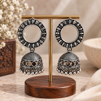 Oxidized Silver Jhumka Earrings for Women | Round Hoop Traditional Ethnic Earrings