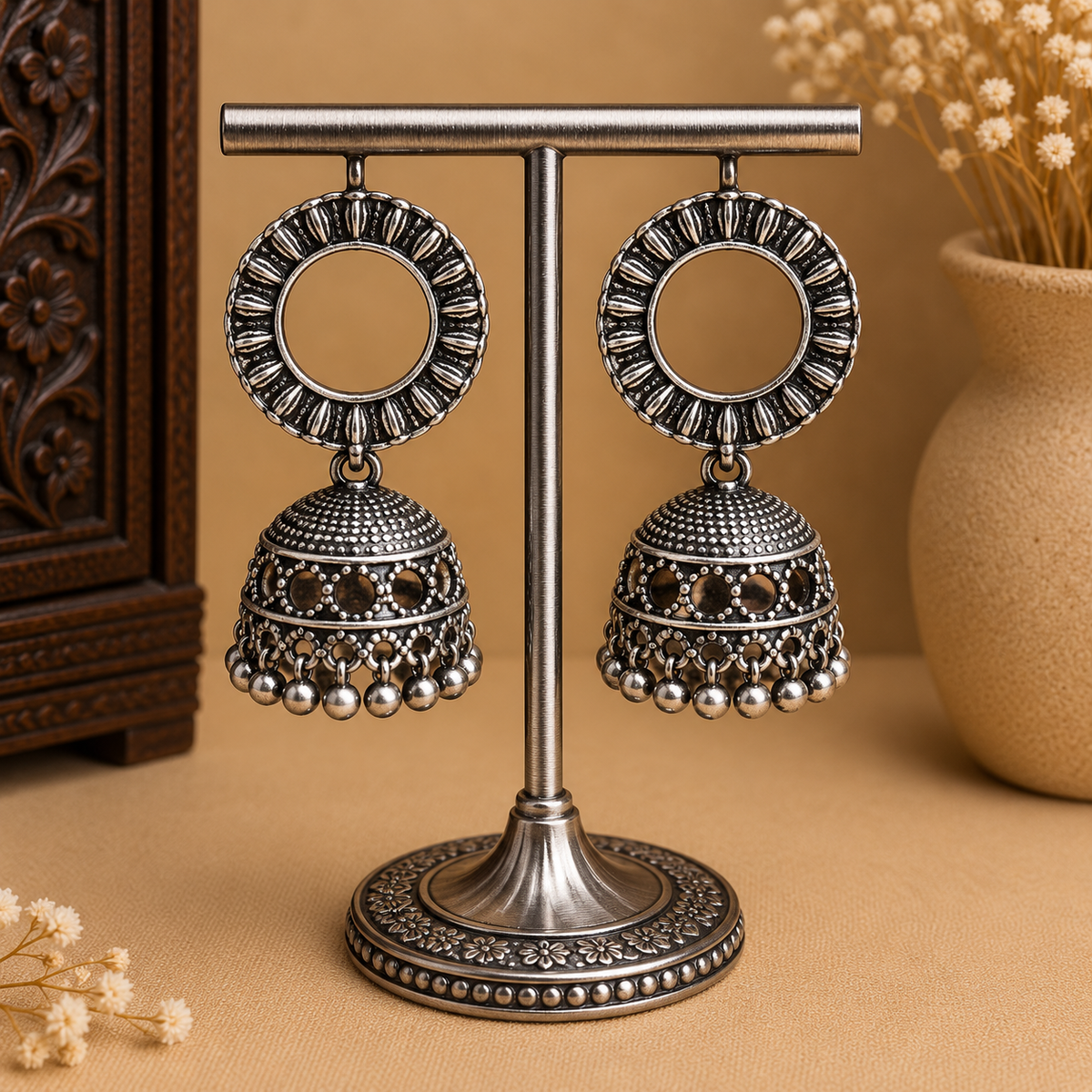 Oxidized Silver Jhumka Earrings for Women | Round Hoop Traditional Ethnic Earrings
