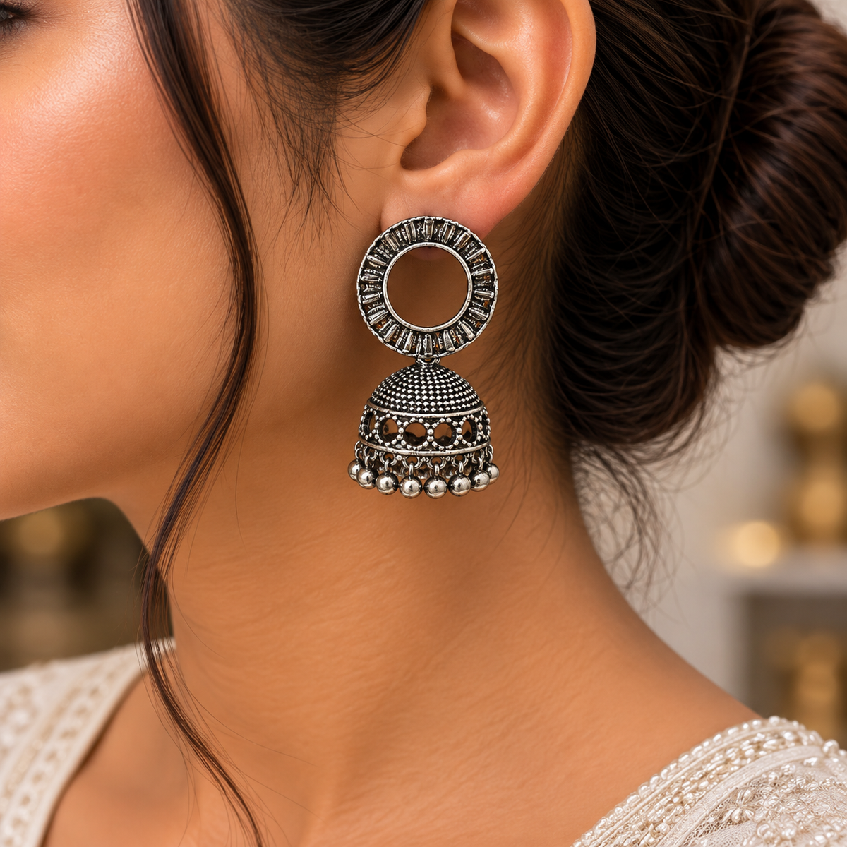 Oxidized Silver Jhumka Earrings for Women | Round Hoop Traditional Ethnic Earrings
