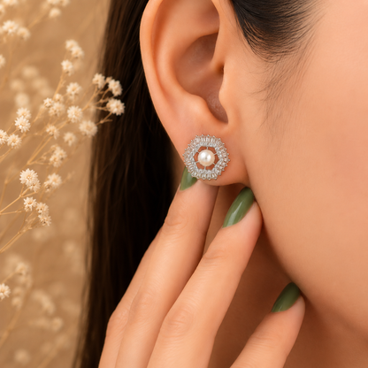 Elegant Pearl Halo Stud Earrings