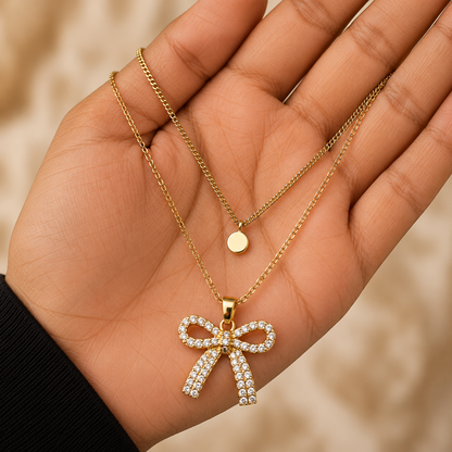 Gold Bow Pendant Layered Necklace for Women