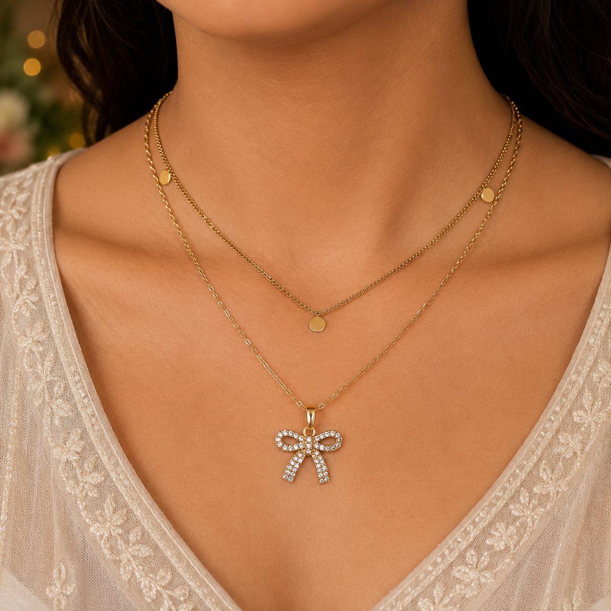 Gold Bow Pendant Layered Necklace for Women