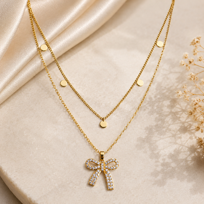 Gold Bow Pendant Layered Necklace for Women