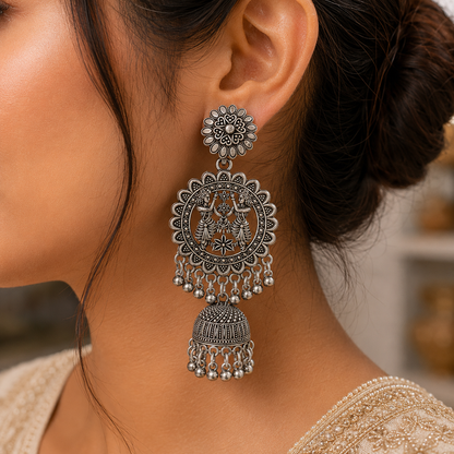 Oxidised Silver Goddess Jhumka Earrings for Women
