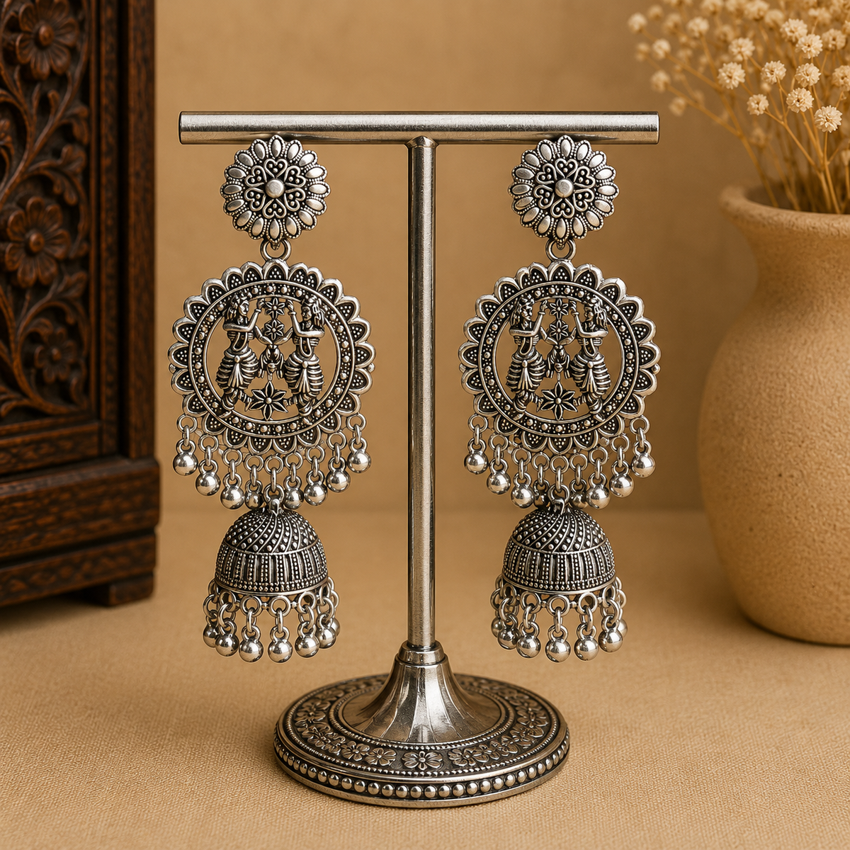 Oxidised Silver Goddess Jhumka Earrings for Women