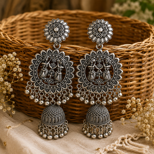 Oxidised Silver Goddess Jhumka Earrings for Women