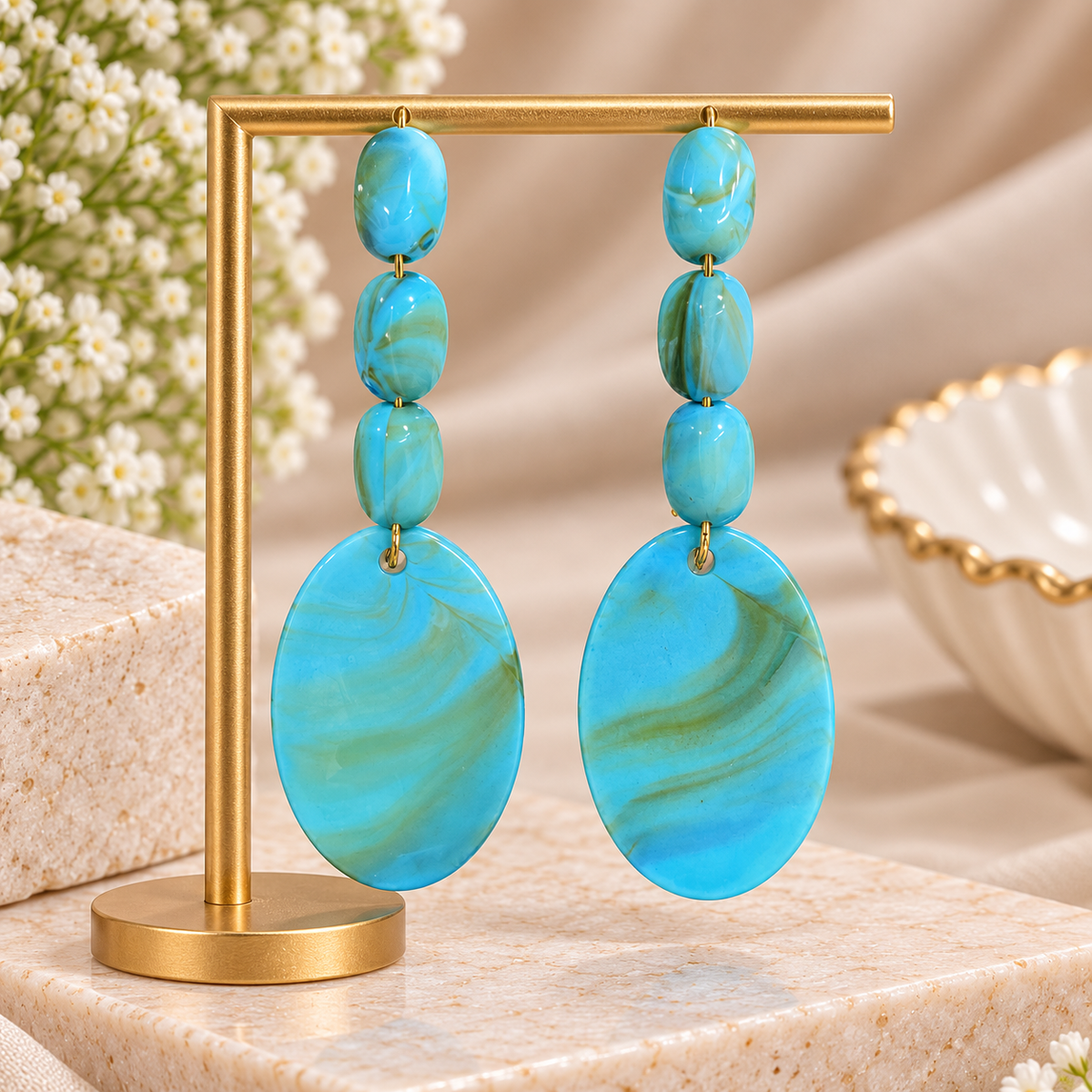 Aqua Blue Statement Drop Earrings for Women | Turquoise Oval Bead Dangle Earrings