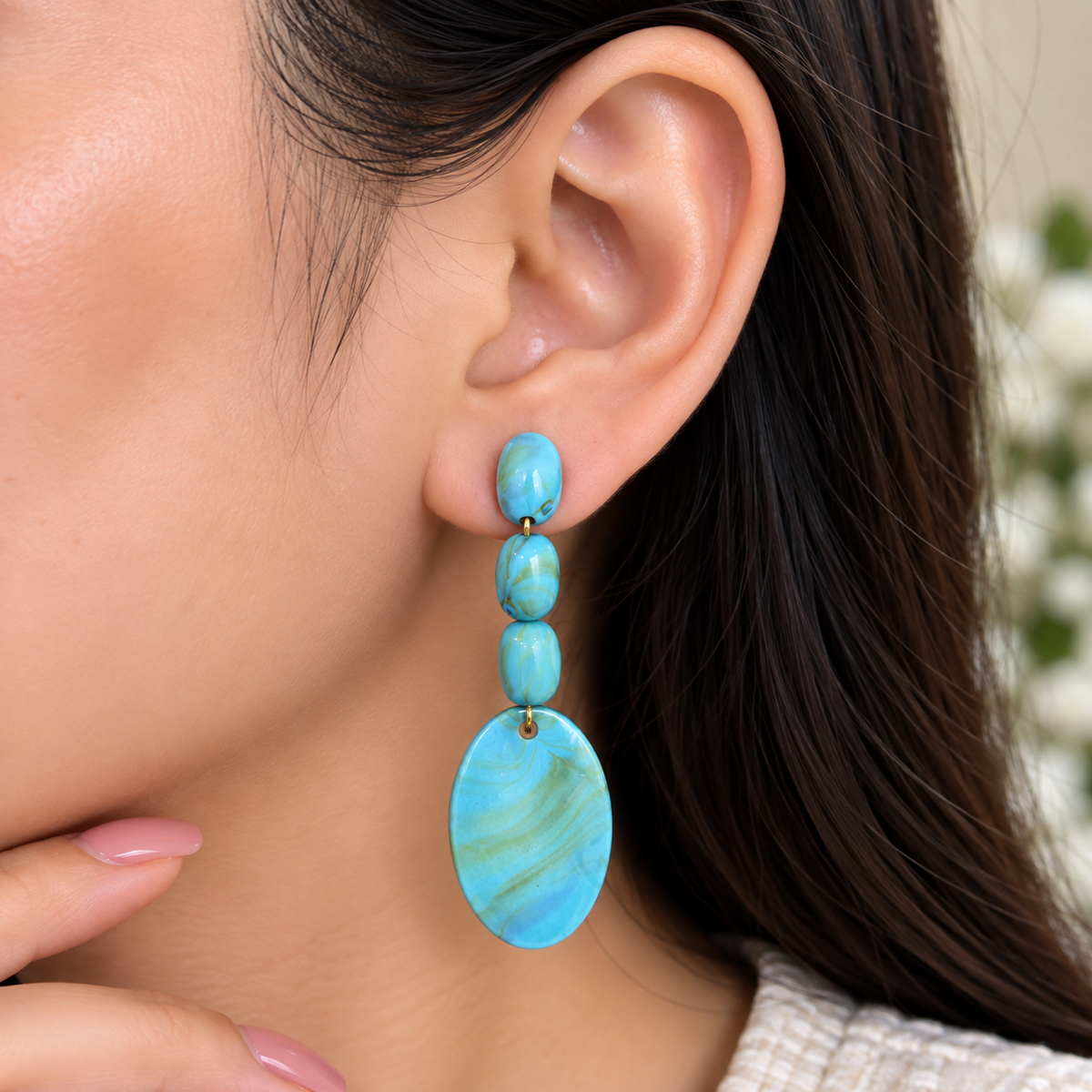 Aqua Blue Statement Drop Earrings for Women | Turquoise Oval Bead Dangle Earrings