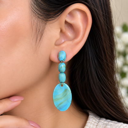 Aqua Blue Statement Drop Earrings for Women | Turquoise Oval Bead Dangle Earrings
