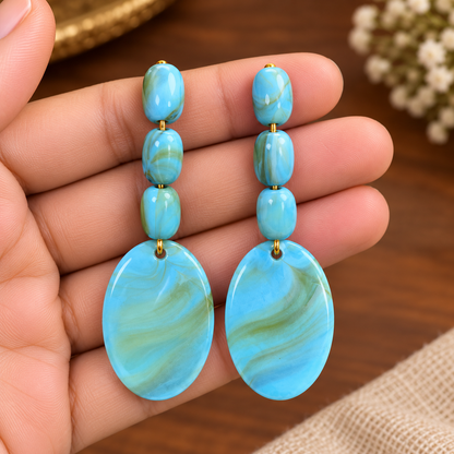 Aqua Blue Statement Drop Earrings for Women | Turquoise Oval Bead Dangle Earrings